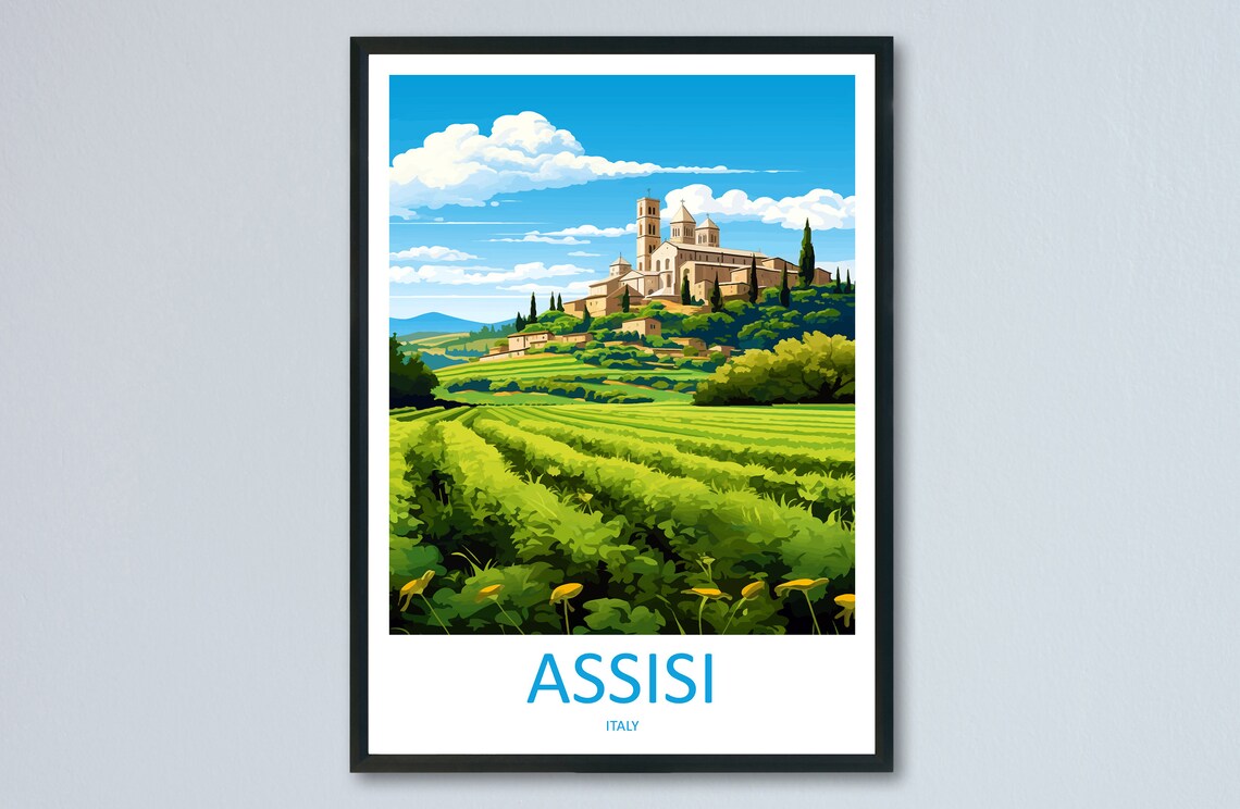 Assisi Italy Basilica On The Hill Vineyard Landscape Travel Poster