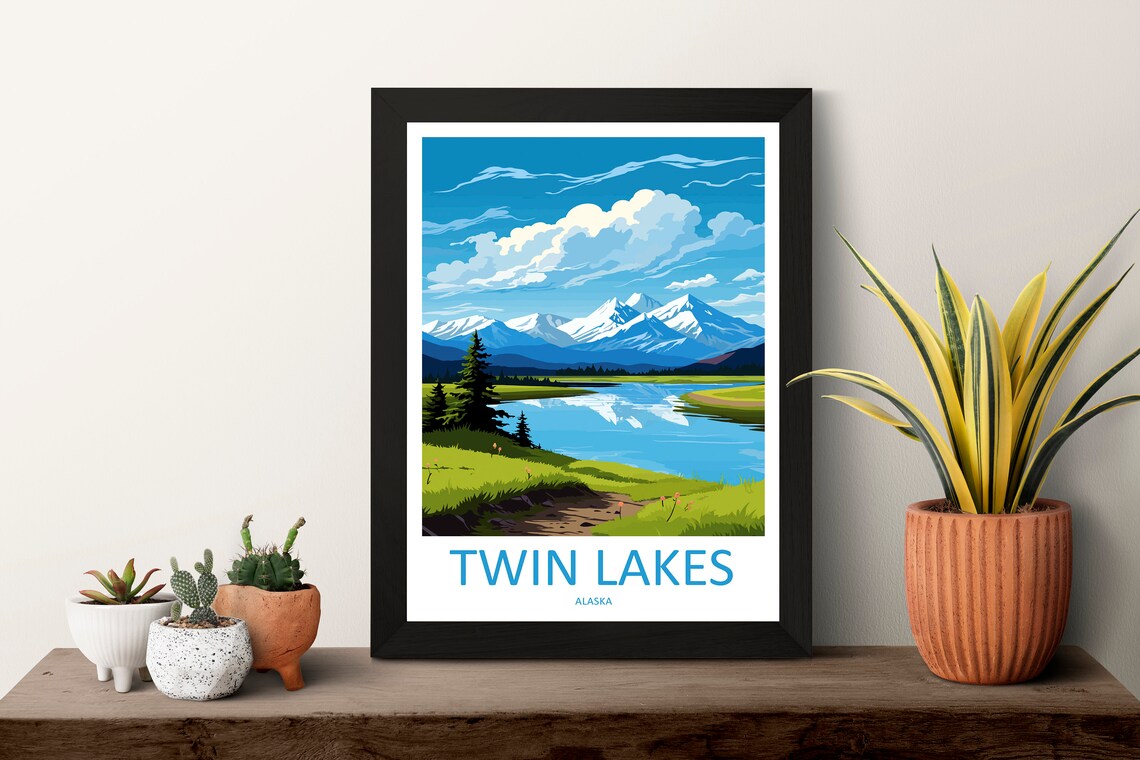 Twin Lakes Alaska Summer Green Meadow Lake Landscape Travel Poster - Image 3