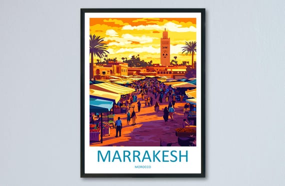 Marrakesh Travel Poster Morocco Wall Art Medina Print City View Illustration North Africa Decor Gift Souvenir Scene