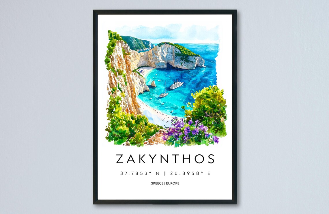 Zakynthos Greece Cliffs Cove Watercolor Travel Poster with Coordinates