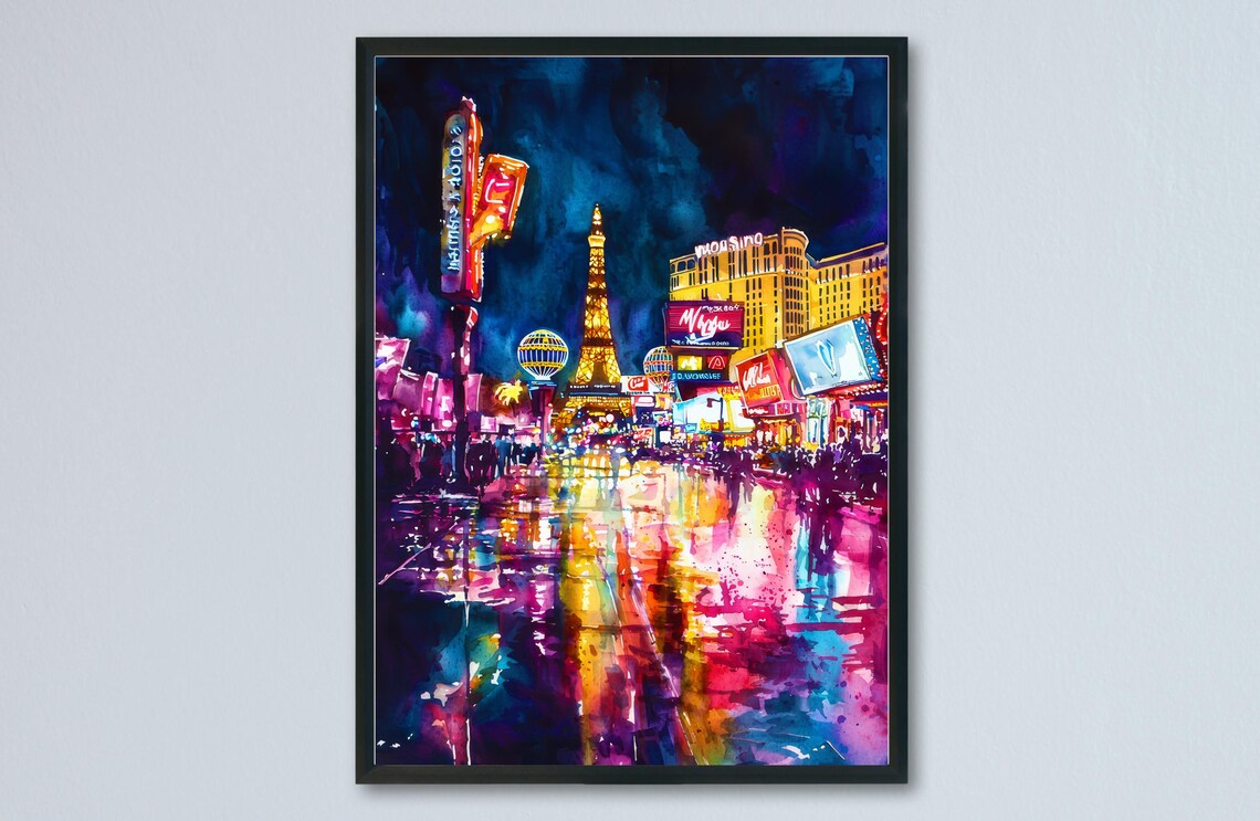 Las Vegas Night Strip Neon Lights Watercolor Nevada Cityscape Poster