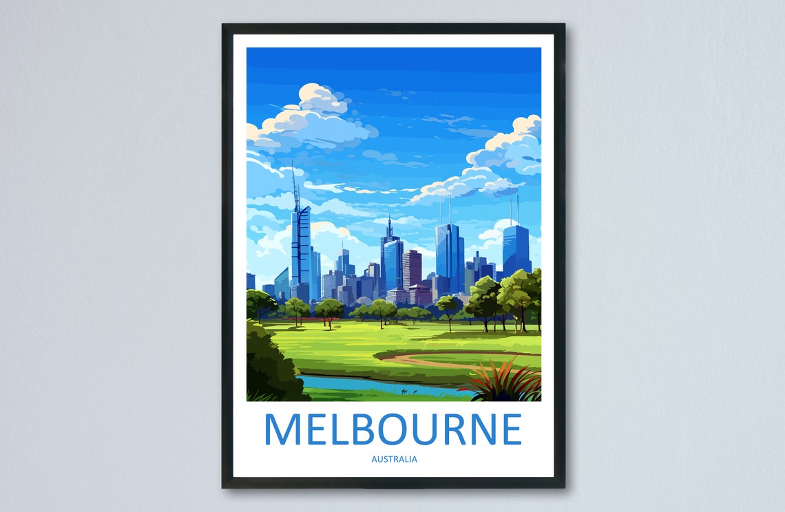 Melbourne Skyline over Green Parklands Australia Travel Poster