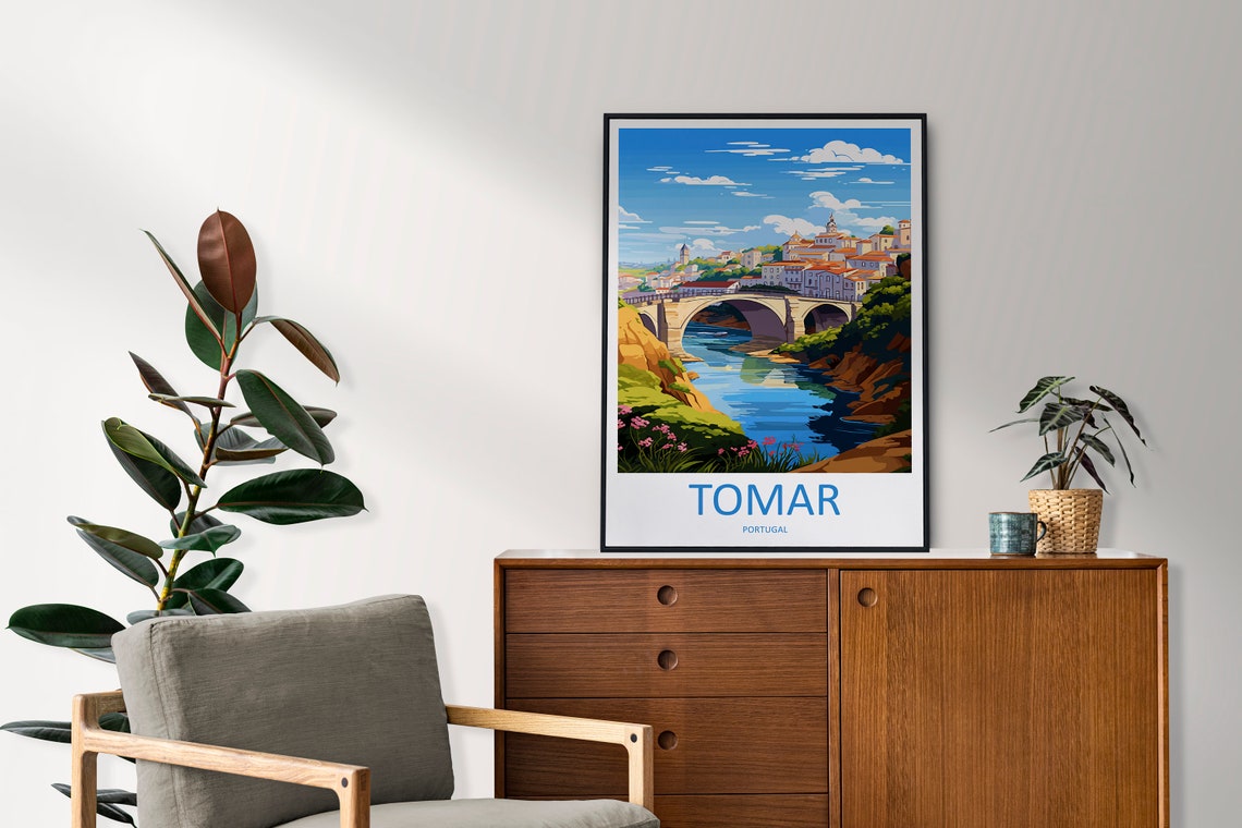 Tomar Portugal Stone Bridge River Gorge Hillside Town Poster - Image 2