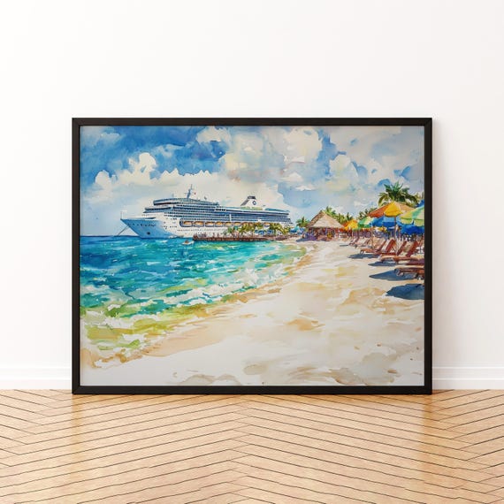 Turks And Caicos Watercolor Travel Poster, Beach Landscape