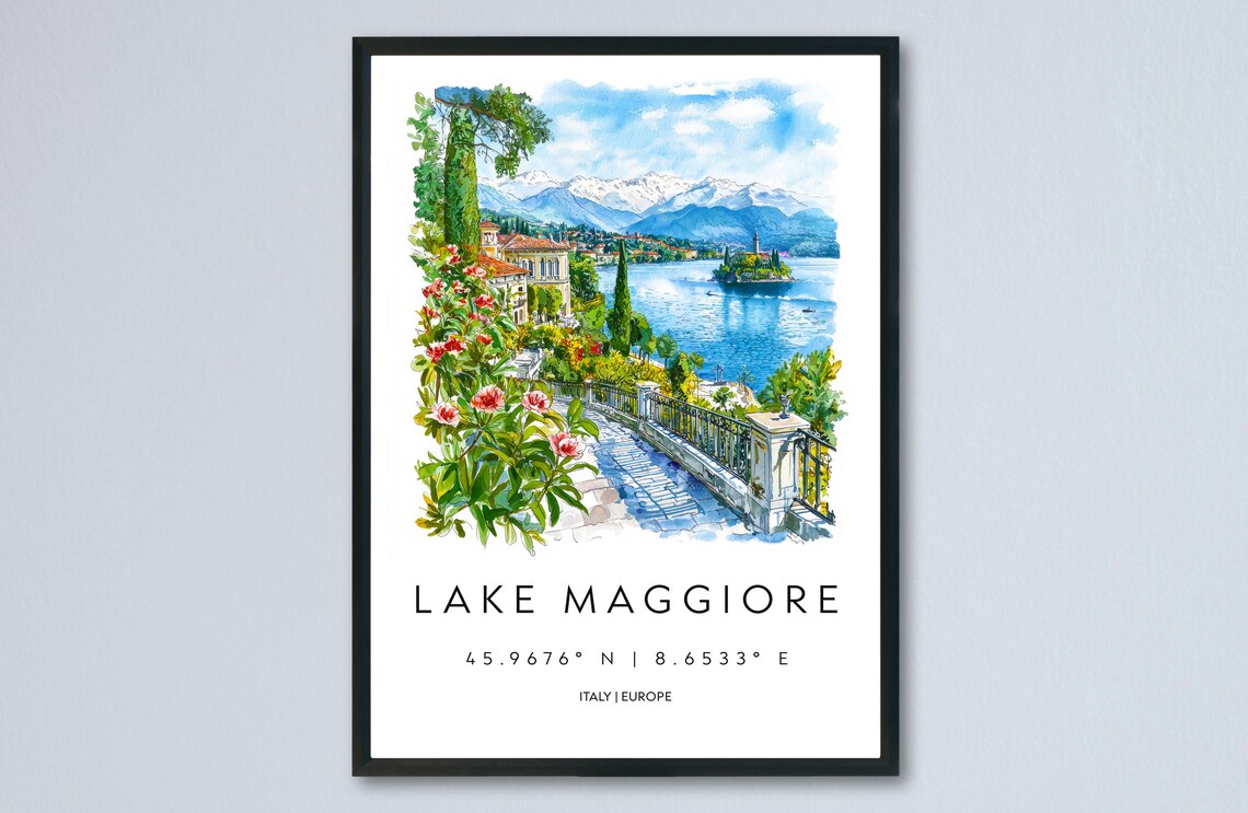 Lake Maggiore Italy Garden Promenade Watercolor Travel Poster