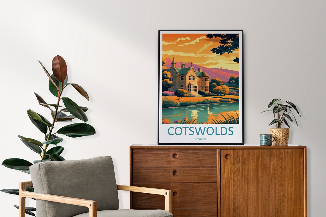 Cotswolds England Manor House Sunset Lake Country View Poster - Image 2