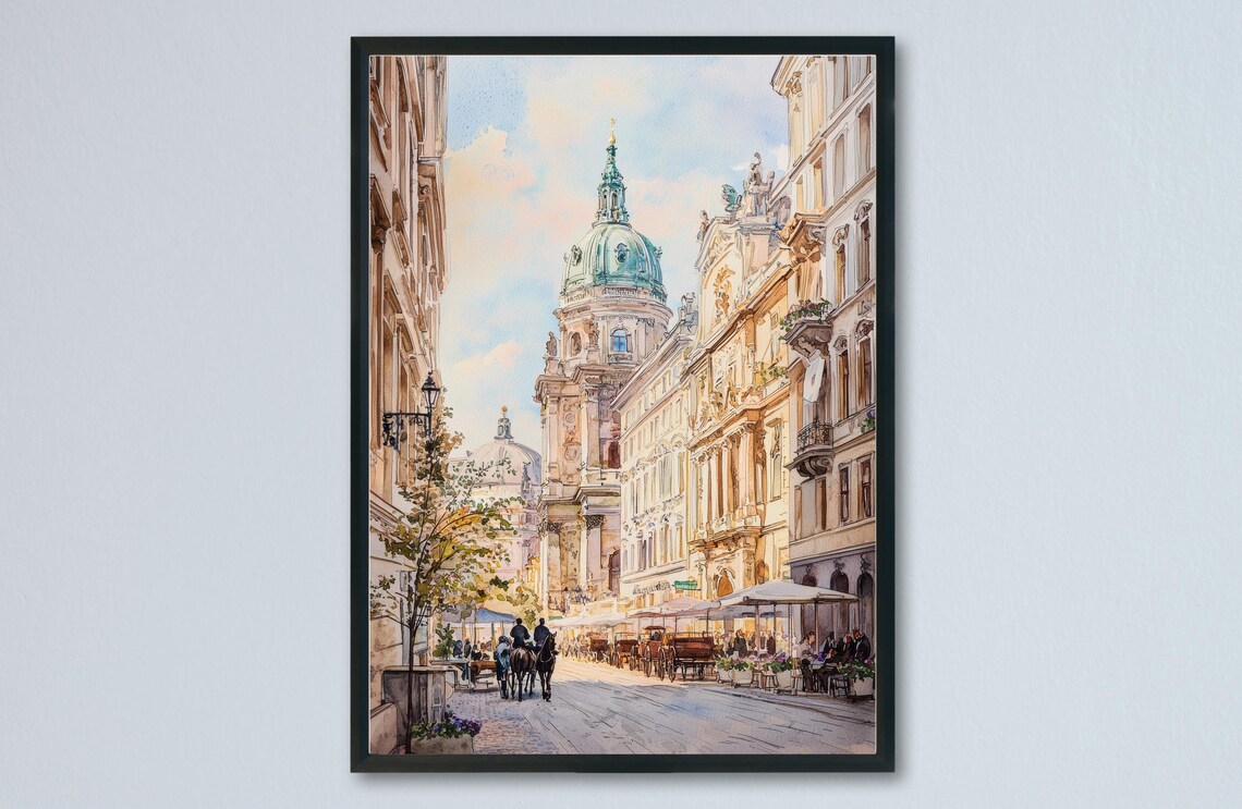 Vienna Peterskirche Dome Horse Carriage Street Watercolor Poster