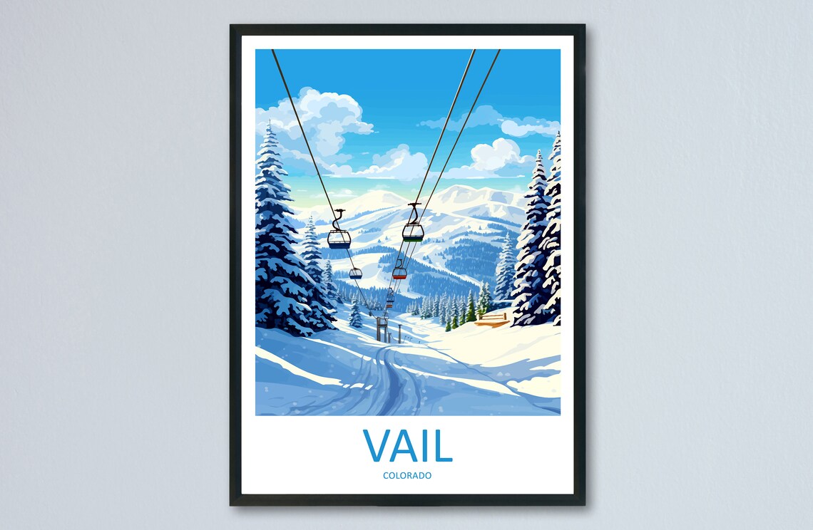 Vail Colorado Gondola Ride Snowy Pines Daytime Travel Poster