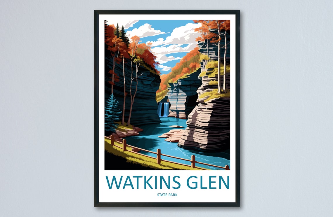 Watkins Glen State Park Gorge Waterfall Autumn Vintage Travel Poster