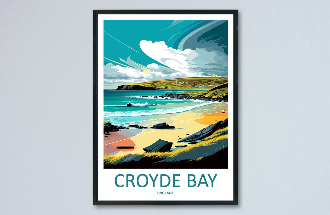 Croyde Bay England Surf Beach Dramatic Rocky Coastline Travel Poster