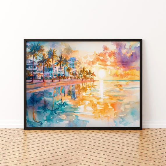 Miami Beach Florida Watercolor Poster Travel Print Coastal City Painting Ocean Wall Art Usa Decor Souvenir