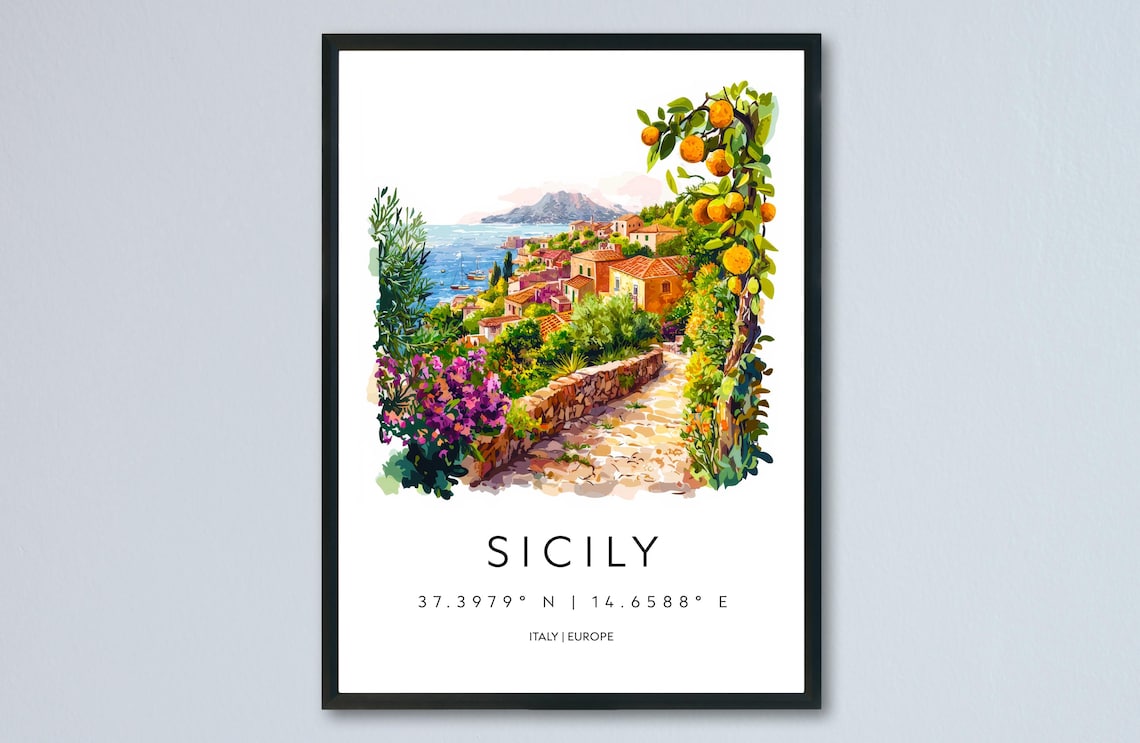 Sicily Orange Groves Coastal Village Watercolor Italy Travel Poster