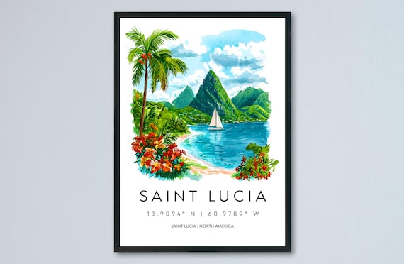 Saint Lucia Tropical Watercolor Travel Poster Pitons Palm Beach
