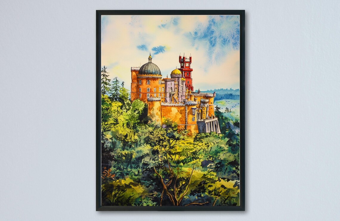 Sintra Pena Palace Hilltop Castle Portugal Watercolor Travel Poster
