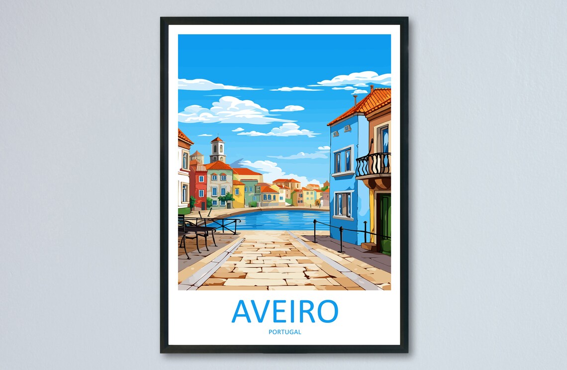 Aveiro Portugal Sunny Canal Promenade Terrace Cafes View Travel Poster