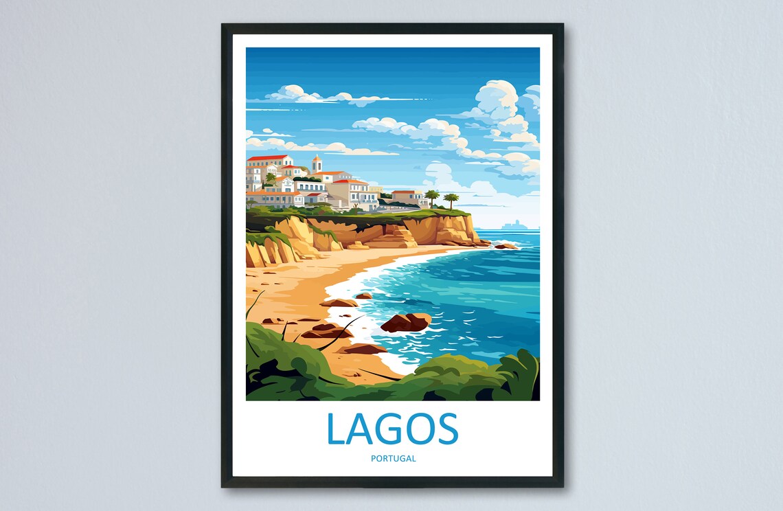 Lagos Portugal Cliffside Beach Golden Sand Coast Travel Poster Art