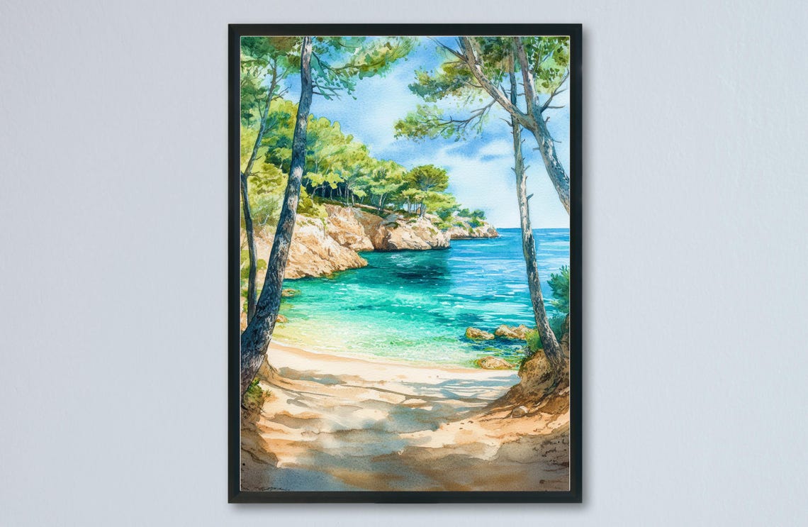 Mallorca Spain Hidden Turquoise Cove Pine Trees Watercolor Poster