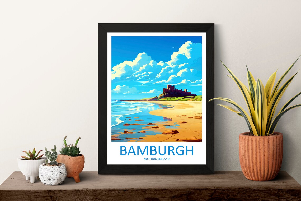 Bamburgh Castle Northumberland Beach England Scene Travel Poster - Image 3