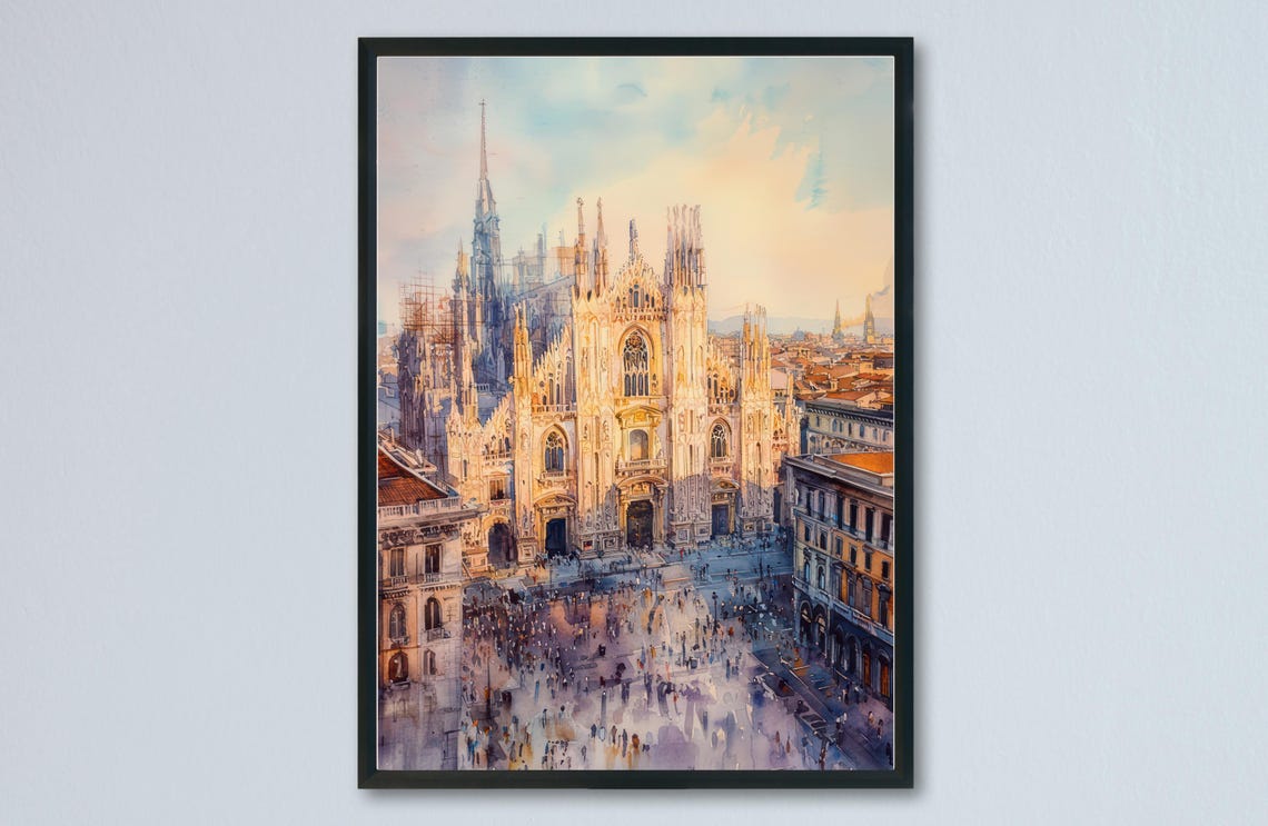 Milan Duomo Cathedral Piazza del Duomo Watercolor Cityscape Poster