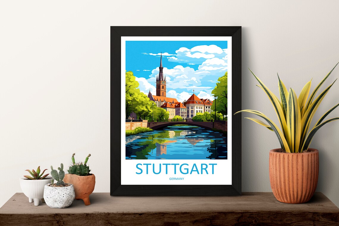 Stuttgart Germany Historic Church Spire River Bridge City View Poster - Image 3