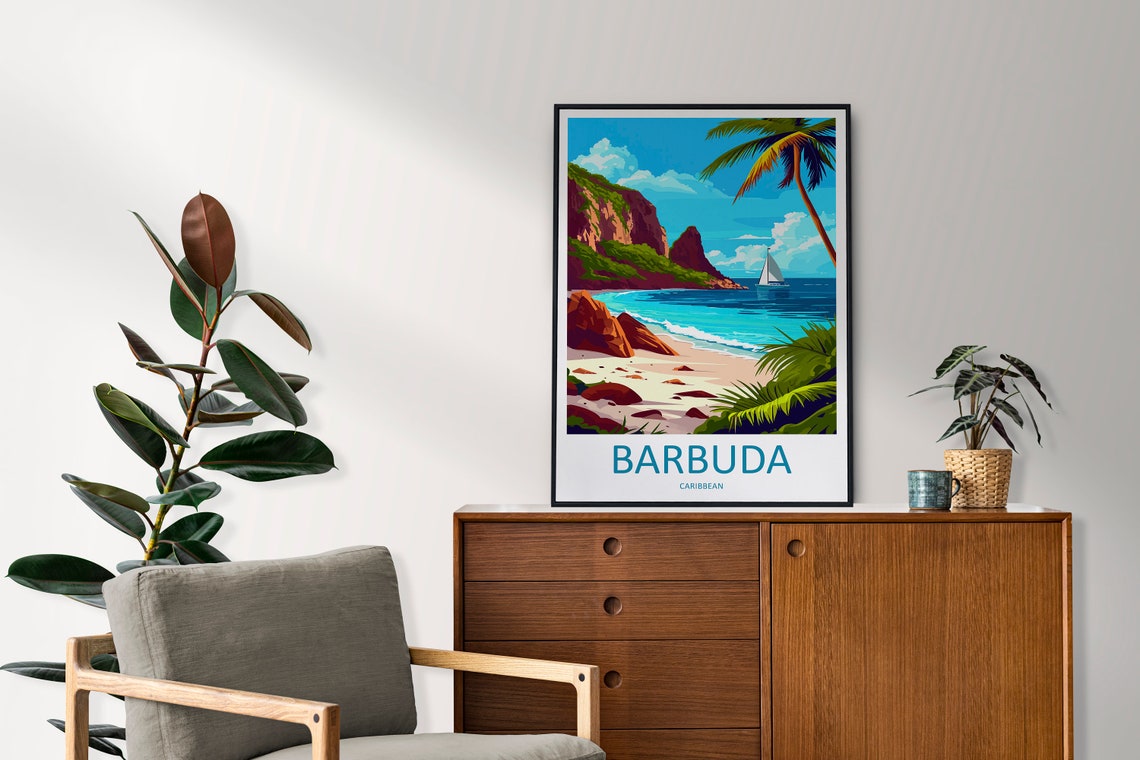 Barbuda Caribbean Sailboat Cove Palm Beach Retro Travel Poster - Image 2