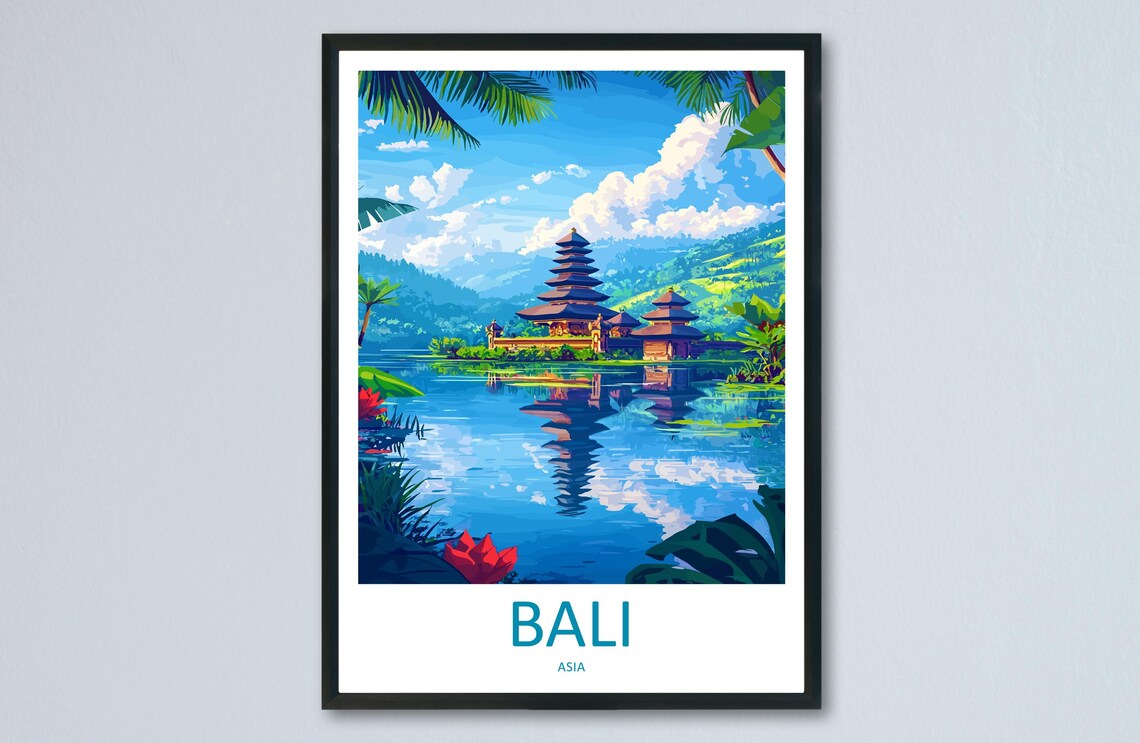 Bali Lake Temple Pagoda Jungle Reflection Daytime Island Travel Poster