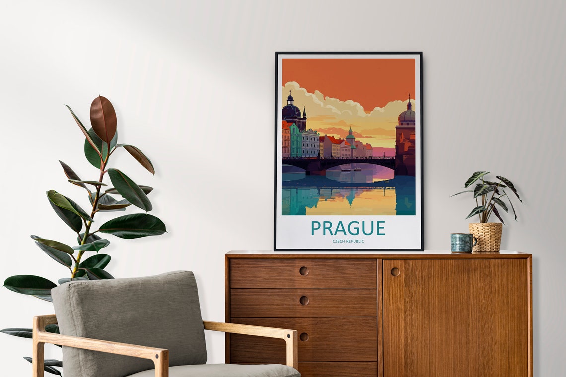 Prague Czech Republic Sunset Bridge River Golden Sky View Poster - Image 2