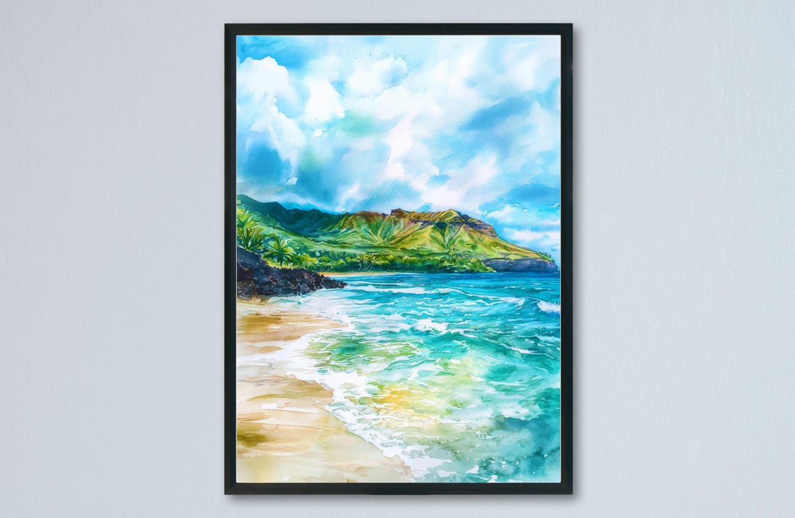 Tropical Beach With Green Volcanic Crater Mountain View Poster