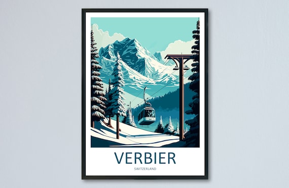Verbier Travel Poster, Skiing Art for Home