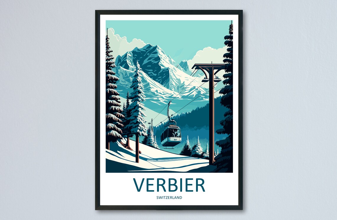 Verbier Travel Poster, Skiing Art for Home