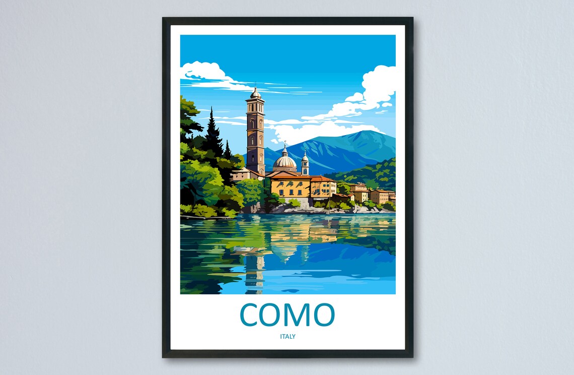 Lake Como Italy Waterfront Bell Tower Vintage Travel Poster Art