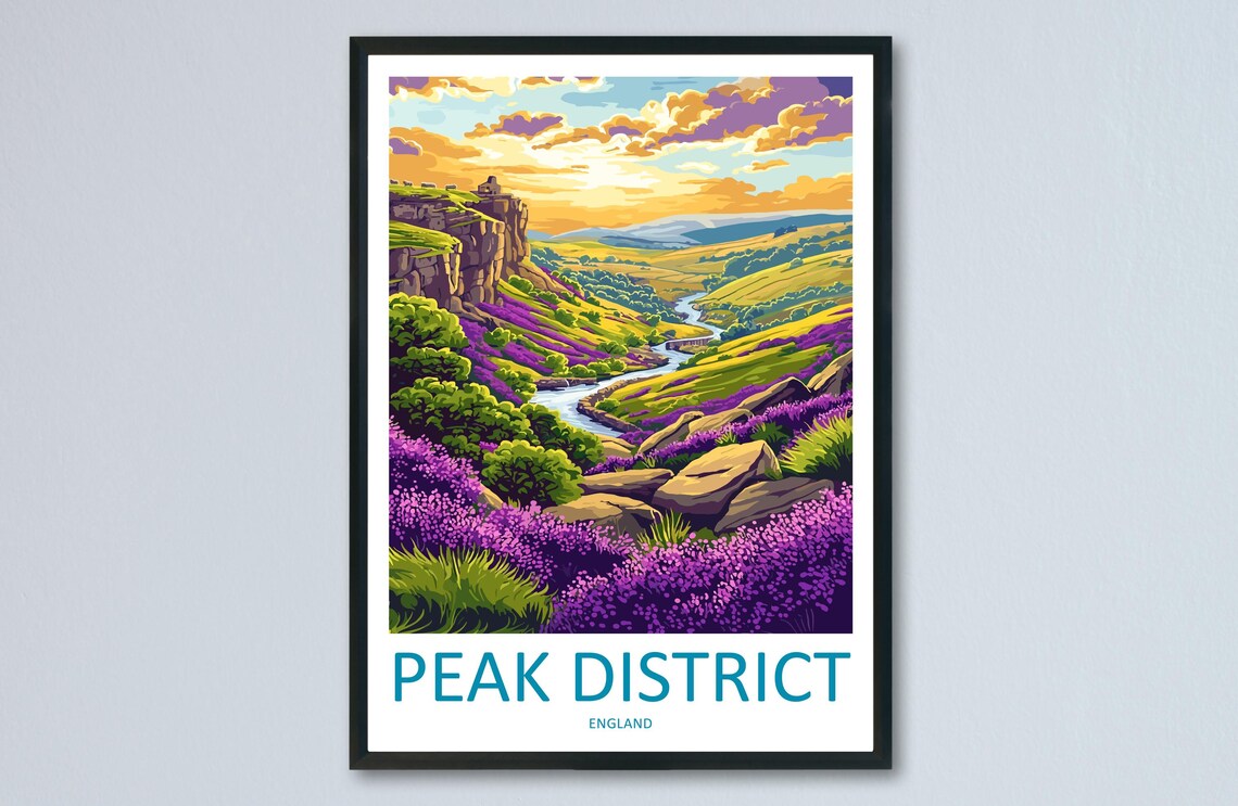 Peak District Purple Heather Hills River Valley England Travel Poster