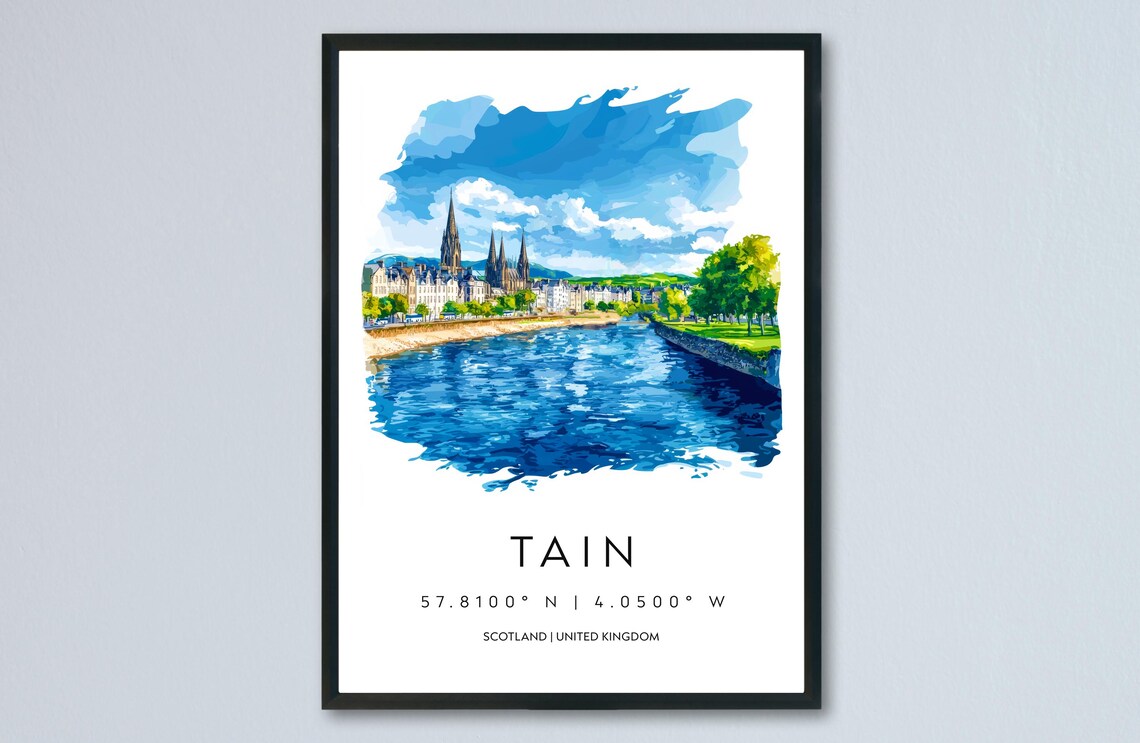 Tain Scotland Riverside Town Church Spires Watercolor Poster