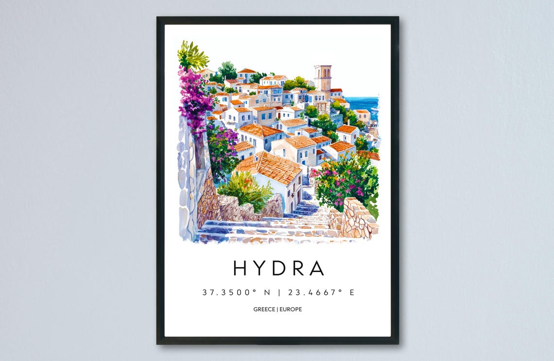 Hydra Greece Stone Steps Village Watercolor Travel Coordinates Poster