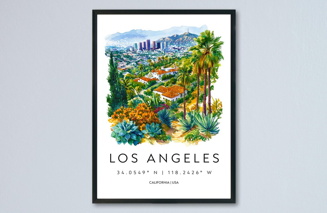 Los Angeles Watercolor City Skyline Palms Hills California Travel Poster