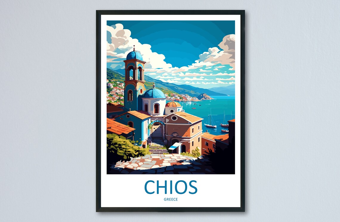 Chios Greece Island Church Harbor Coastal Village Art Poster