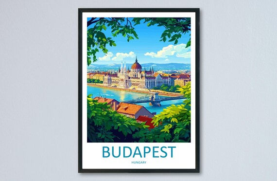 Budapest Parliament Danube Chain Bridge Hillside View Hungary Travel Poster