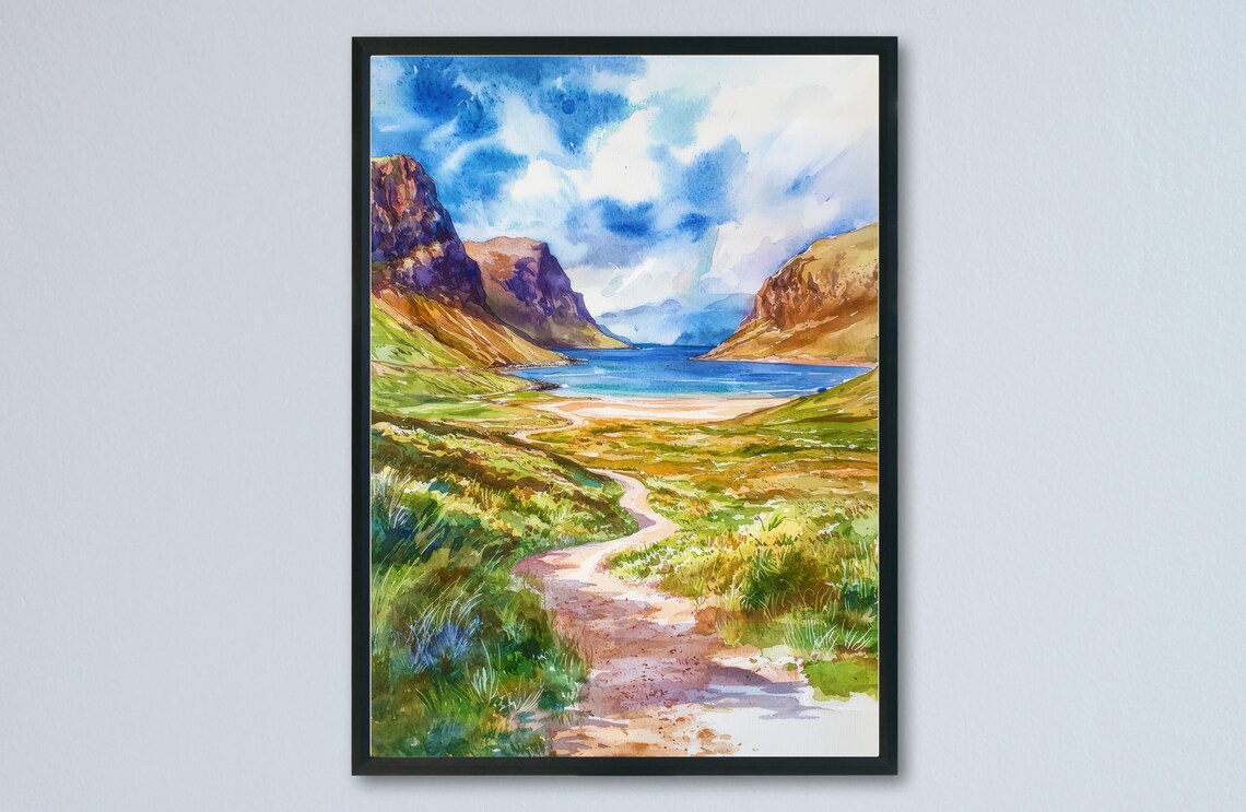 North Coast 500 Scotland Valley Loch Mountain Trail Watercolor Poster