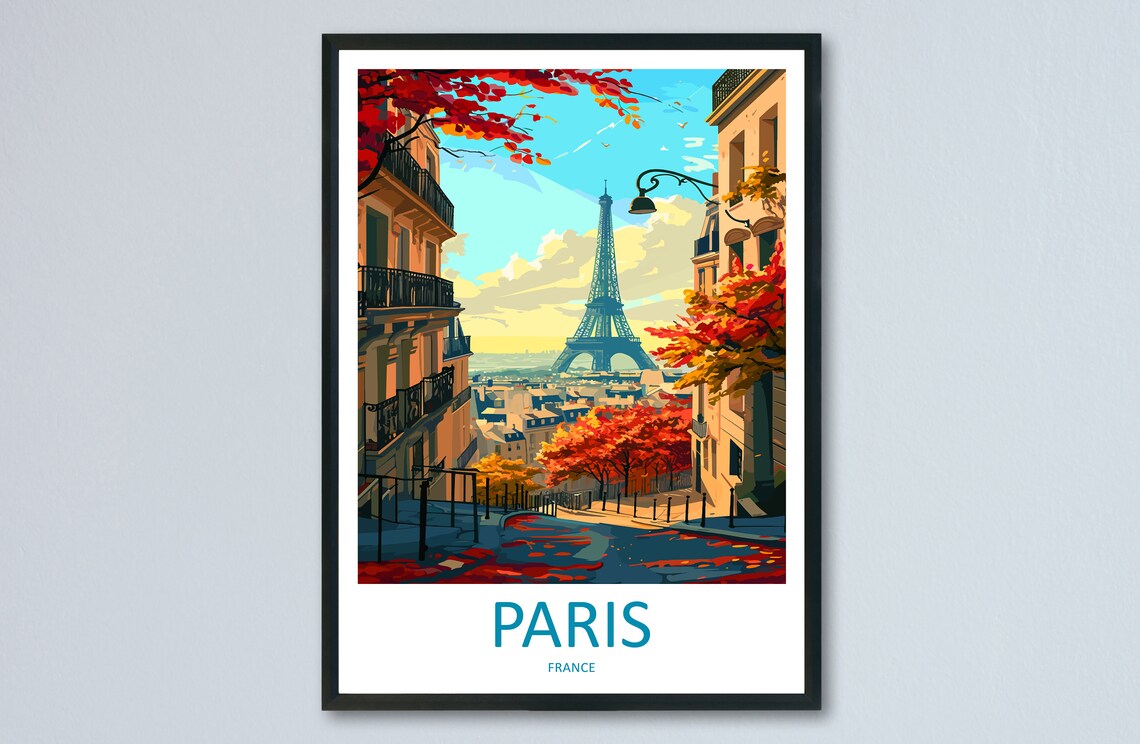 Paris Eiffel Tower Montmartre Street Autumn View Travel Poster