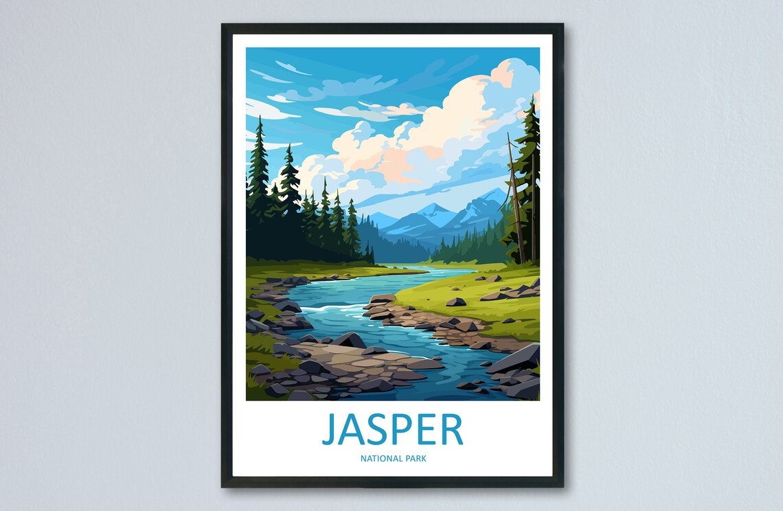 Jasper National Park Canada Vintage River Forest Travel Poster