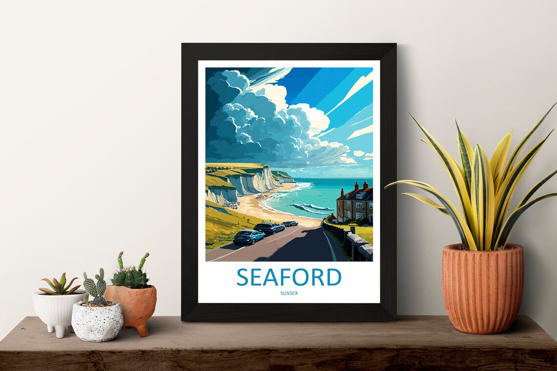 Seaford Sussex Chalk Cliffs Beach Coastal Road Travel Poster - Image 3