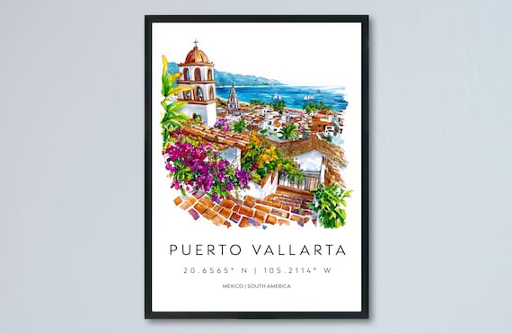 Puerto Vallarta Watercolor Poster Travel Print Wall Art Painting Mexico Souvenir Decor