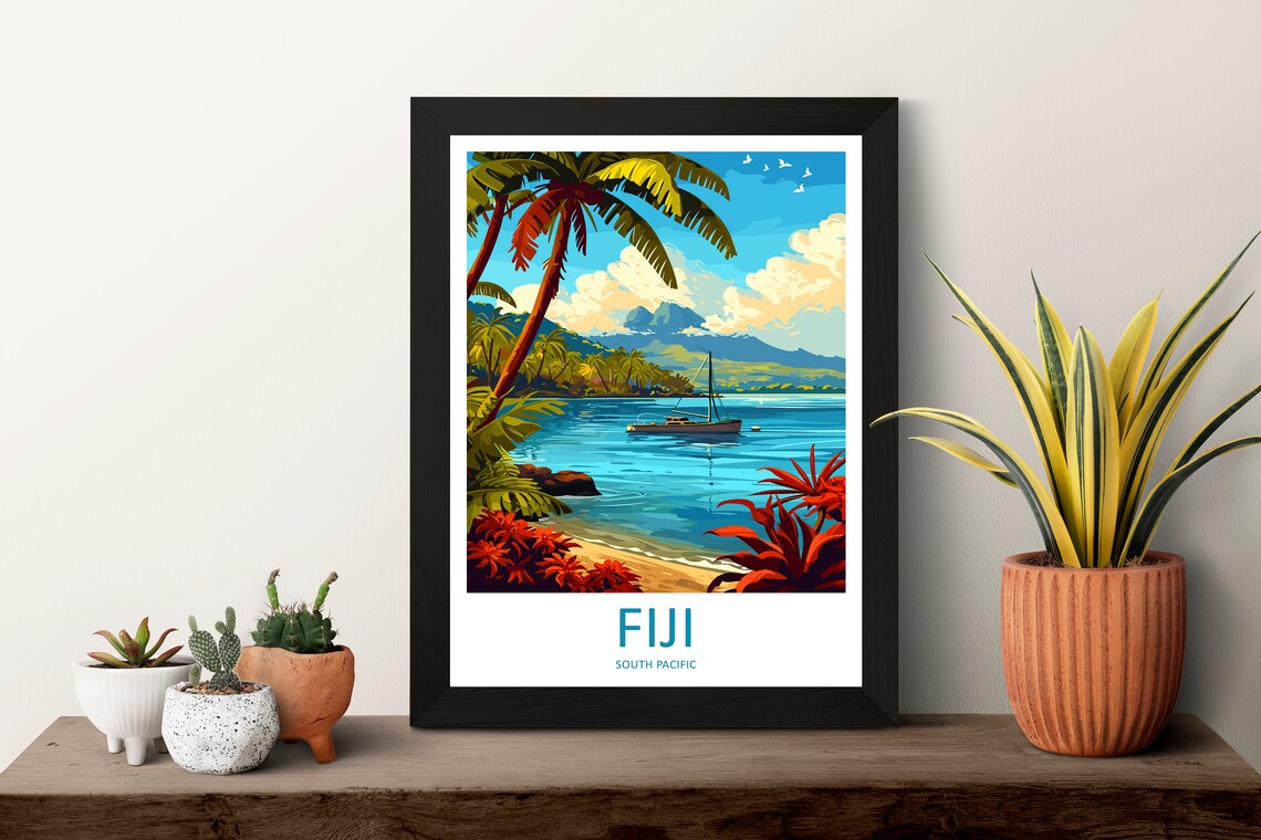 Fiji South Pacific Tropical Beach Palms Sailboat Travel Poster - Image 3