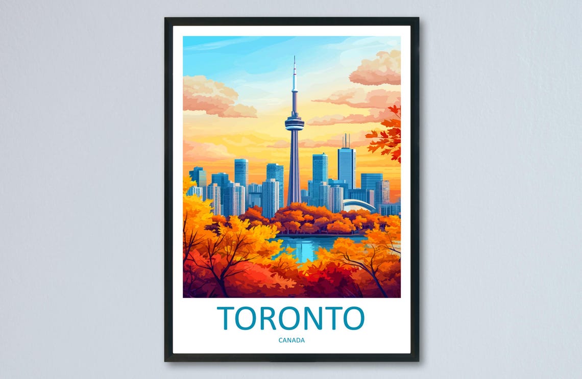 Toronto CN Tower Skyline Autumn Trees Sunset Canada Travel Poster