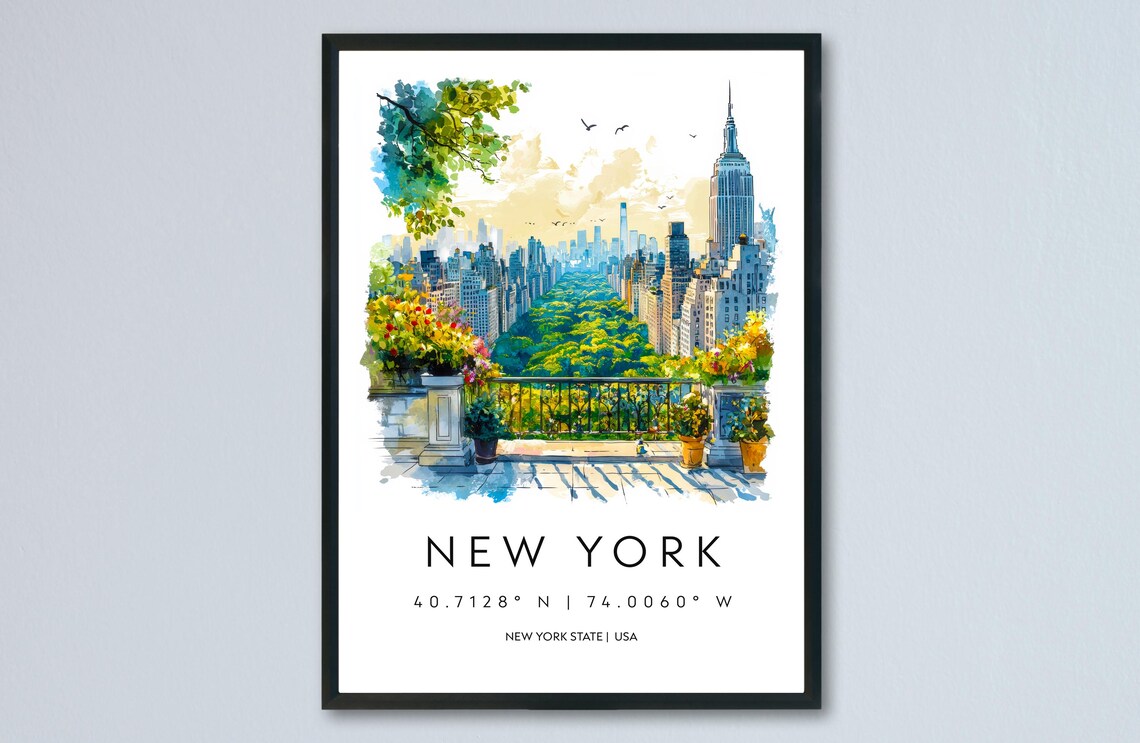 New York Skyline Central Park Watercolor Cityscape Travel Poster