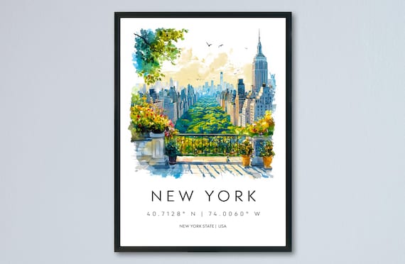 New York Skyline Central Park Watercolor Cityscape Travel Poster