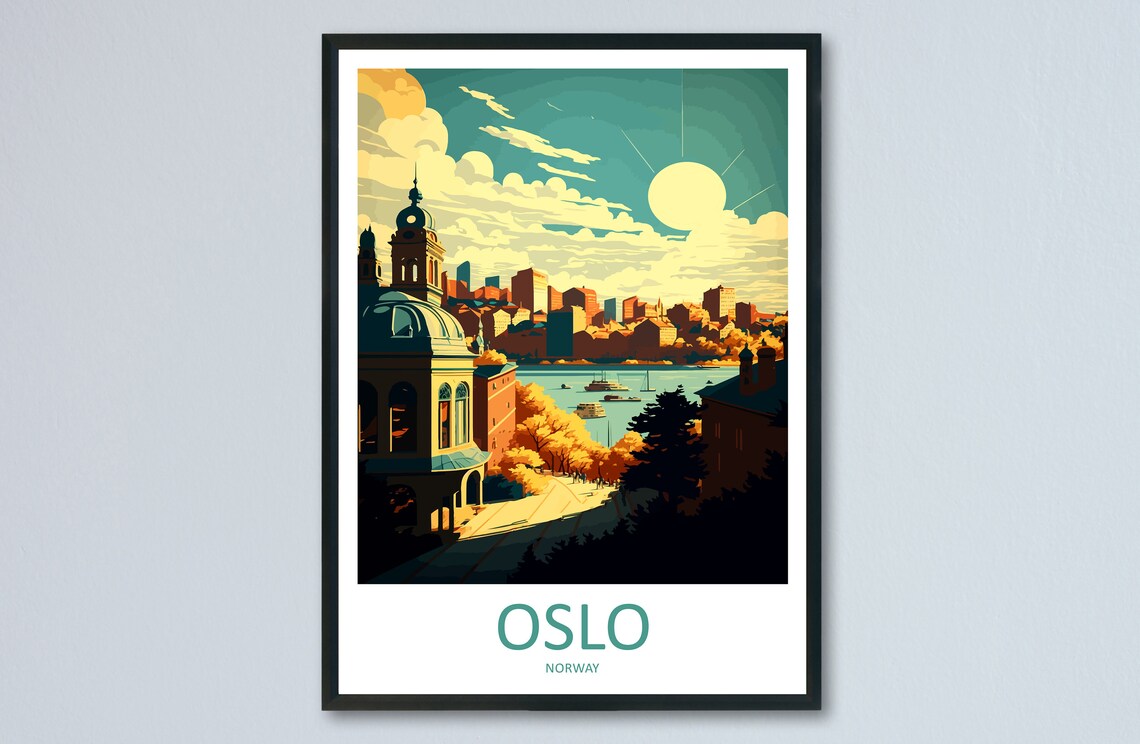 Oslo Norway Golden Hour Harbor Skyline Vintage Travel Poster