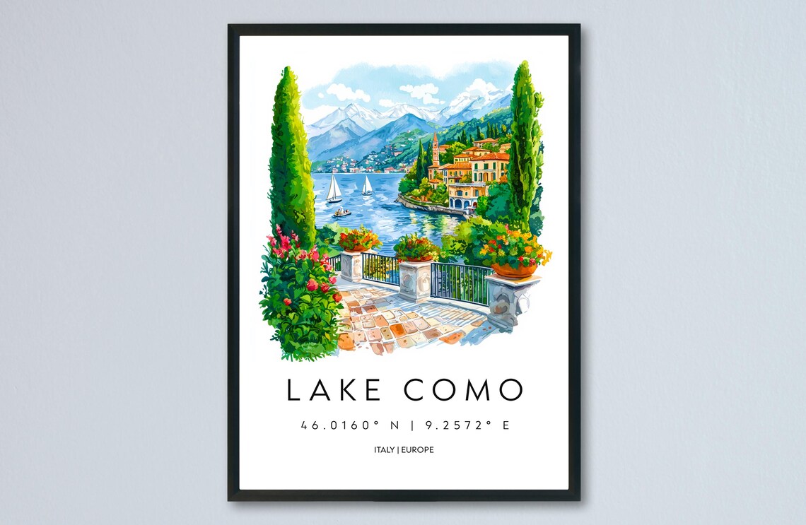 Lake Como Watercolor Travel Poster Sailboats And Mountain Lake View