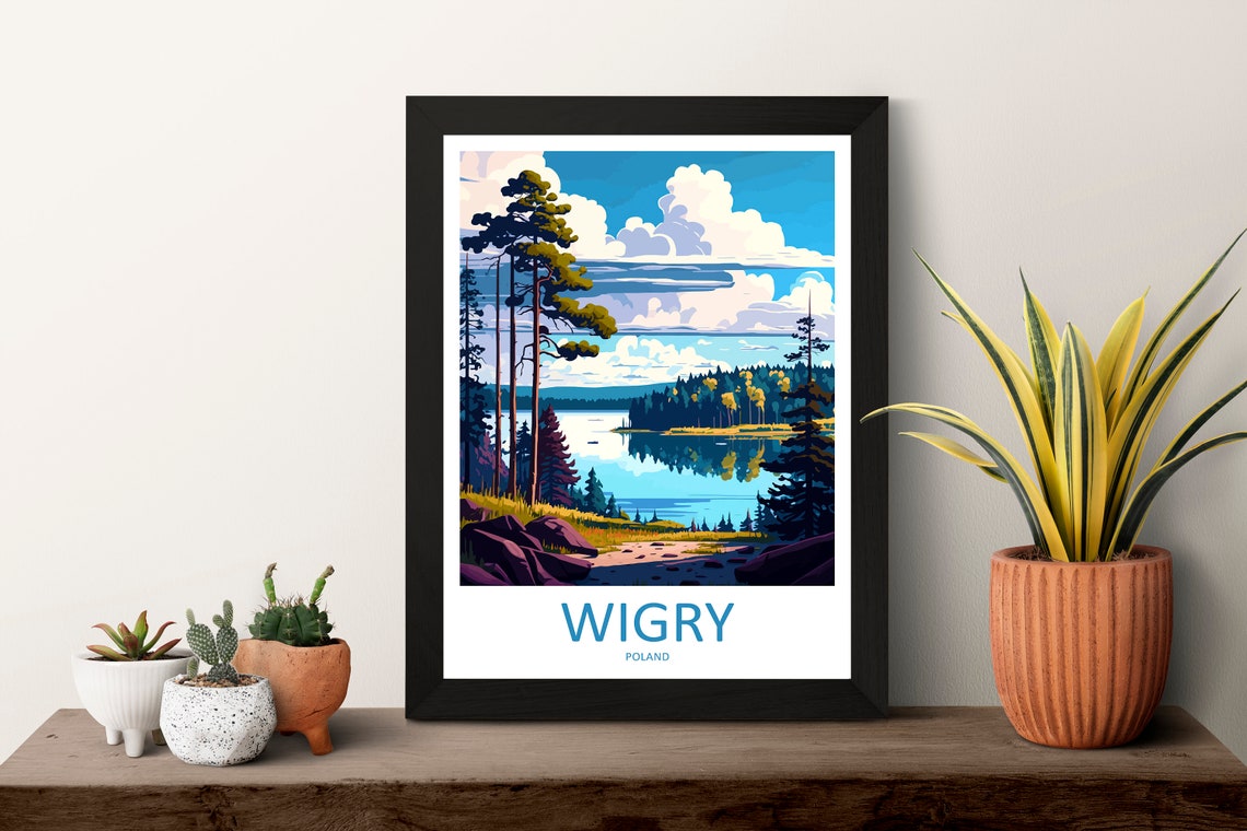 Wigry Poland Pine Framed Lake Calm Waters Retro Travel Poster - Image 3