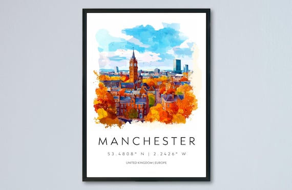 Manchester England Autumn Skyline Watercolor Travel Art Poster